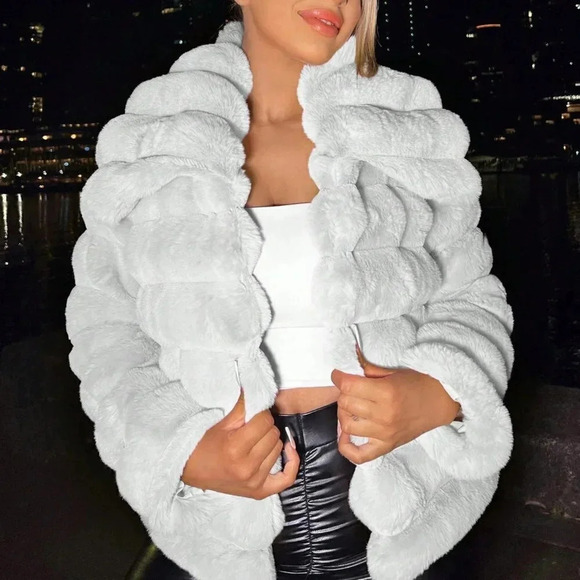 White Preppy Womens Open Front Fuzzy Jacket - Picture 5 of 5